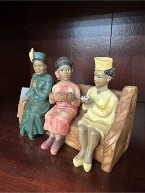 Vintage Folk Art Figurine Group Bench Statue Black Americana Style Decor